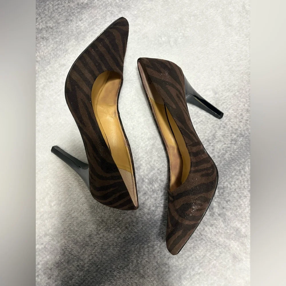 Nine West Brown Black Gwendle Zebra‎ Print Pointed Toe Stiletoo Heels Shoes 8.5